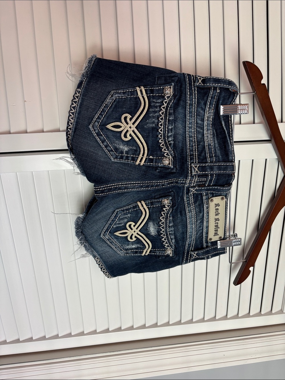 Rock Revival Dark Blue Embroidered Denim Cutoff Shorts